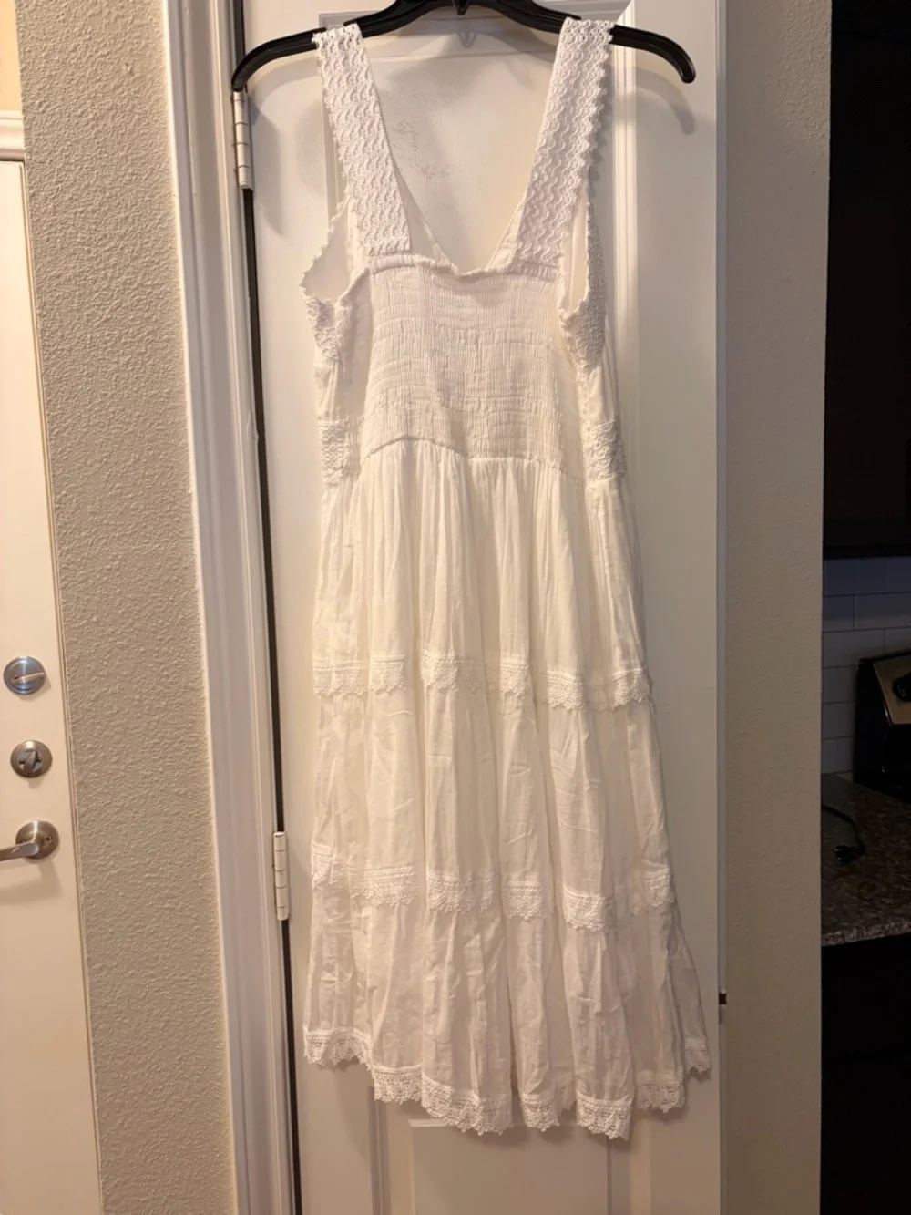 White Cotton Boho Tiered Maxi Dress with Lace Trim - Picture 4 of 8